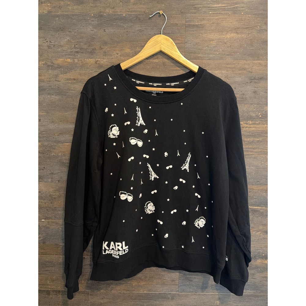 Karl Lagerfeld Paris Womens Black Paris Graphic Sweatshirt Medium Crew Neck